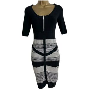 Karen Millen Women's Black‎ White Stripe Tribal Zip Front Bodycon Knit Dress 4